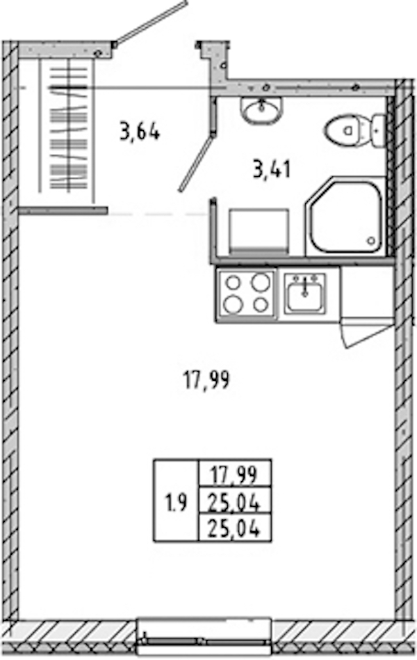 Квартира студия 24.81 м², 1/17 эт., ЖК «Новые горизонты 2»